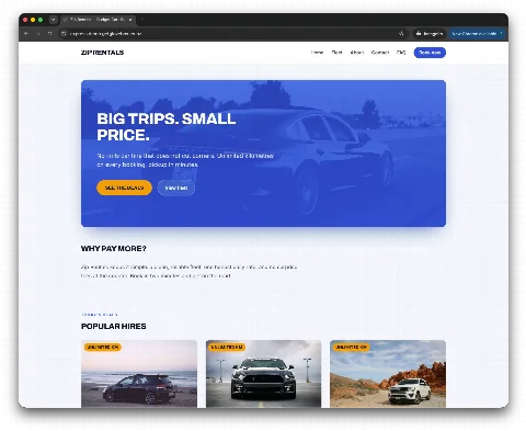 The Express theme: a bright blue and amber layout with large daily rates and deal badges.